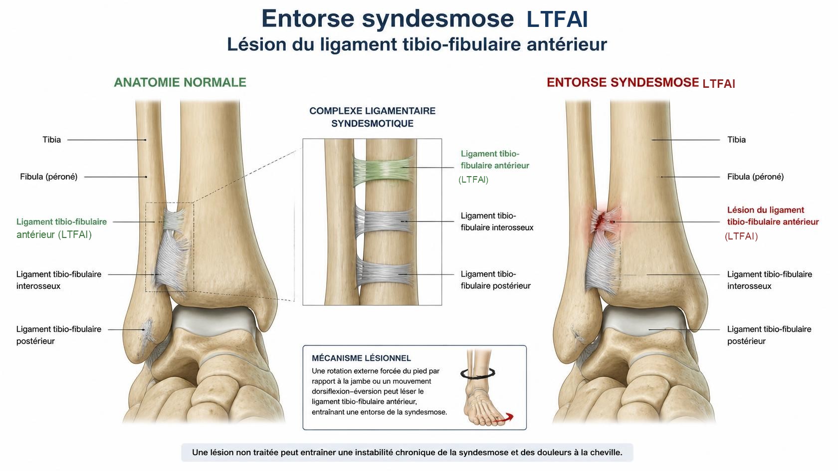 Syndesmose tibio-fibulaire et lésion du ligament tibio-fibulaire antéro-inférieur (LTFAI) — entorse haute de cheville : anatomie normale, complexe ligamentaire syndesmotique (LTFAI, ligament interosseux, ligament postérieur) et mécanisme lésionnel par rotation externe forcée du pied.