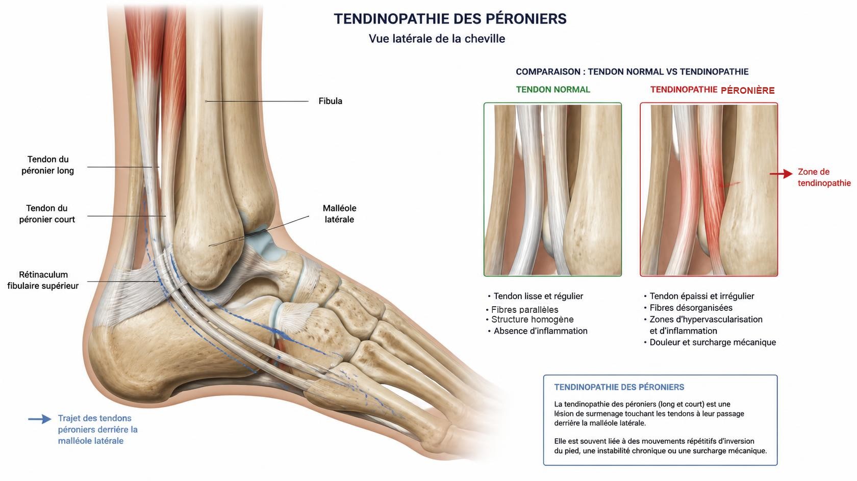 Tendinopathie des péroniers (fibulaires), vue latérale de la cheville : tendons du péronier long et du péronier court à leur passage derrière la malléole latérale, rétinaculum fibulaire supérieur ; comparaison entre un tendon normal et un tendon en tendinopathie péronière.